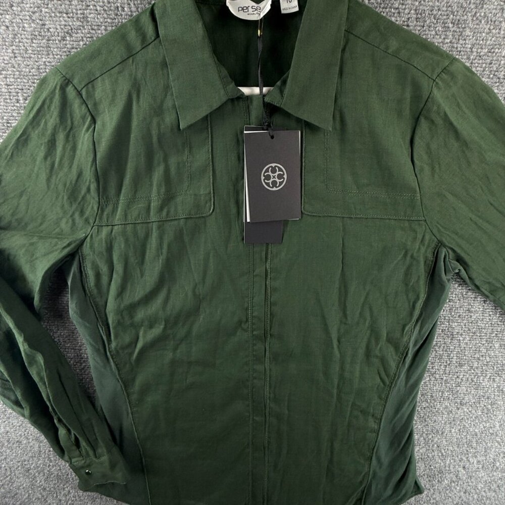 NWT Per Se By Carlisle Full Zip Shirt Long Sleeve Green SZ 10 Adley Ramie Blend